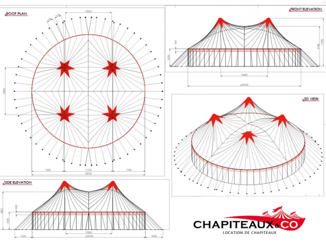 Illustration des vues du chapiteau rouge et blanc de 26m